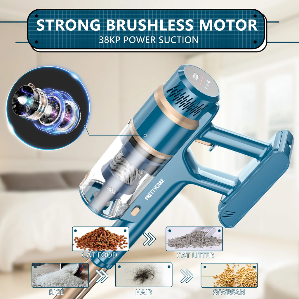 PrettyCare Cordless Vacuum Cleaner Lightweight Stick Vacuum 38kPa with 45min Runtime for Carpet Hard Floors Cleaner Pet Hair P2