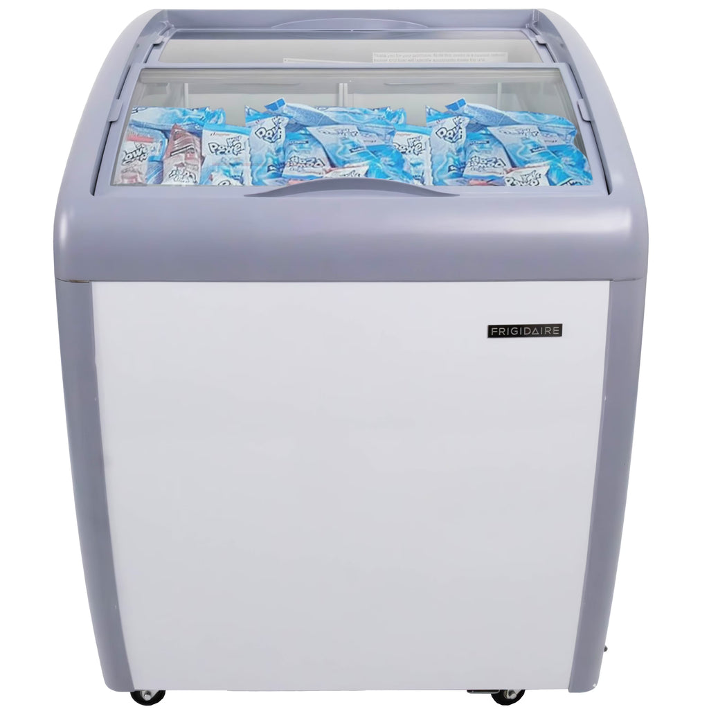 Frigidaire Commercial Chest Freezer for Ice Cream and Frozen Foods, Glass Top Display Storage Case, 4 Cu. Ft. Bin, Rolling Caster Wheels, Adjustable Temperature, Energy Efficient Cooling