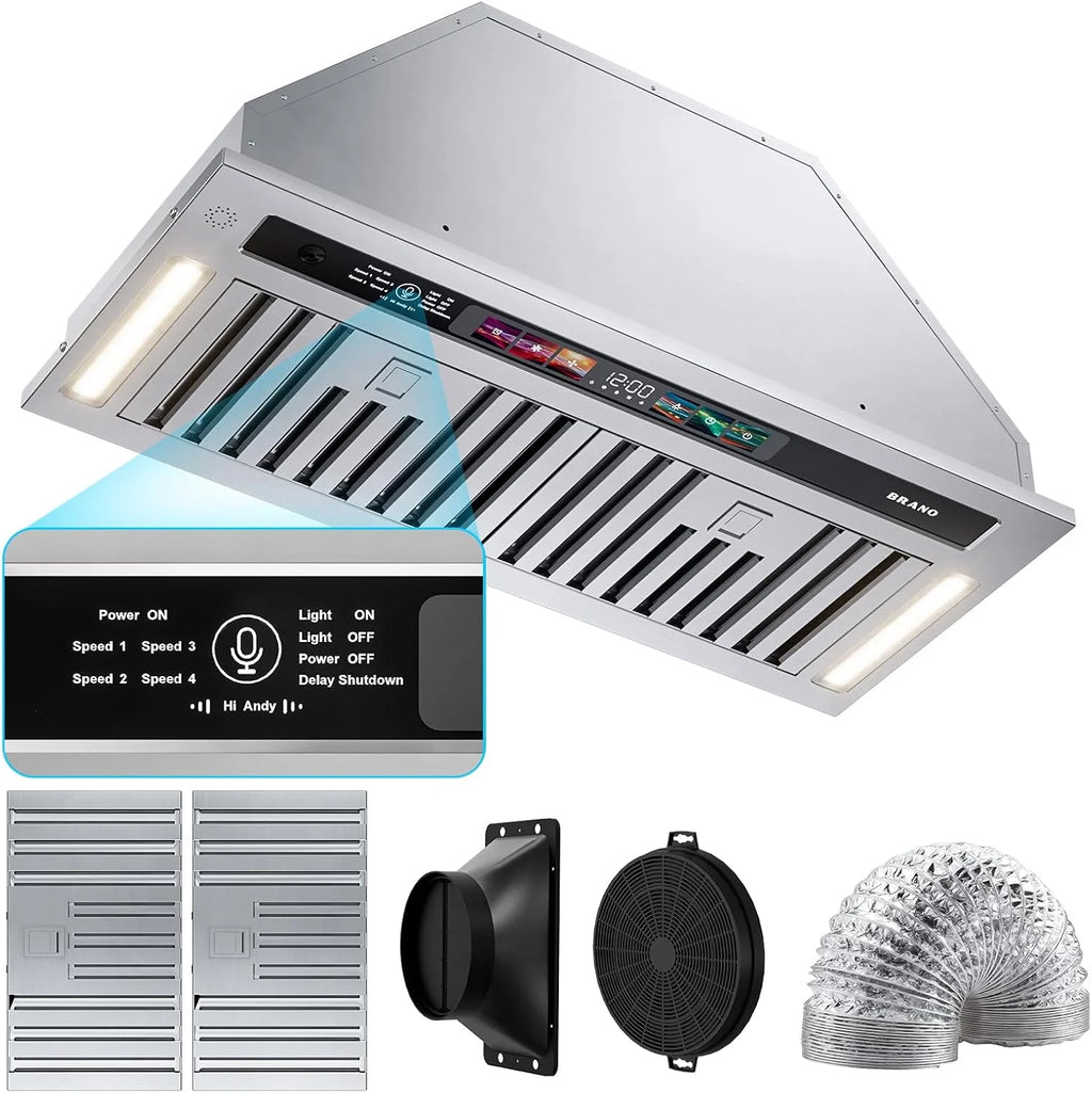 Range Hood Insert 30 Inch, 900 CFM Smart Voice/Gesture/Touch Control, 4 Speed Exhaust Fan, Stainless Steel Kitchen Hood with Charcoal Filter, Ducted/Ductless Convertible