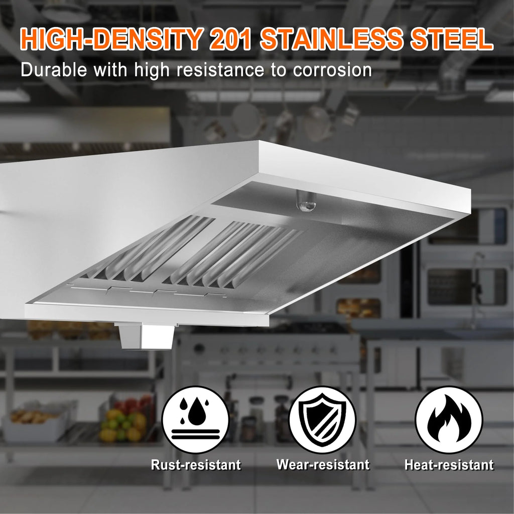 HAN'KITCHEN'LON'S 4FT Stainless Steel Commercial Exhaust Hood for Concession Trailers, featuring 2 Removable Filters, Grease Cup, Hood Light, and Rust Resistance. NSF Listed for Restaurant Use
