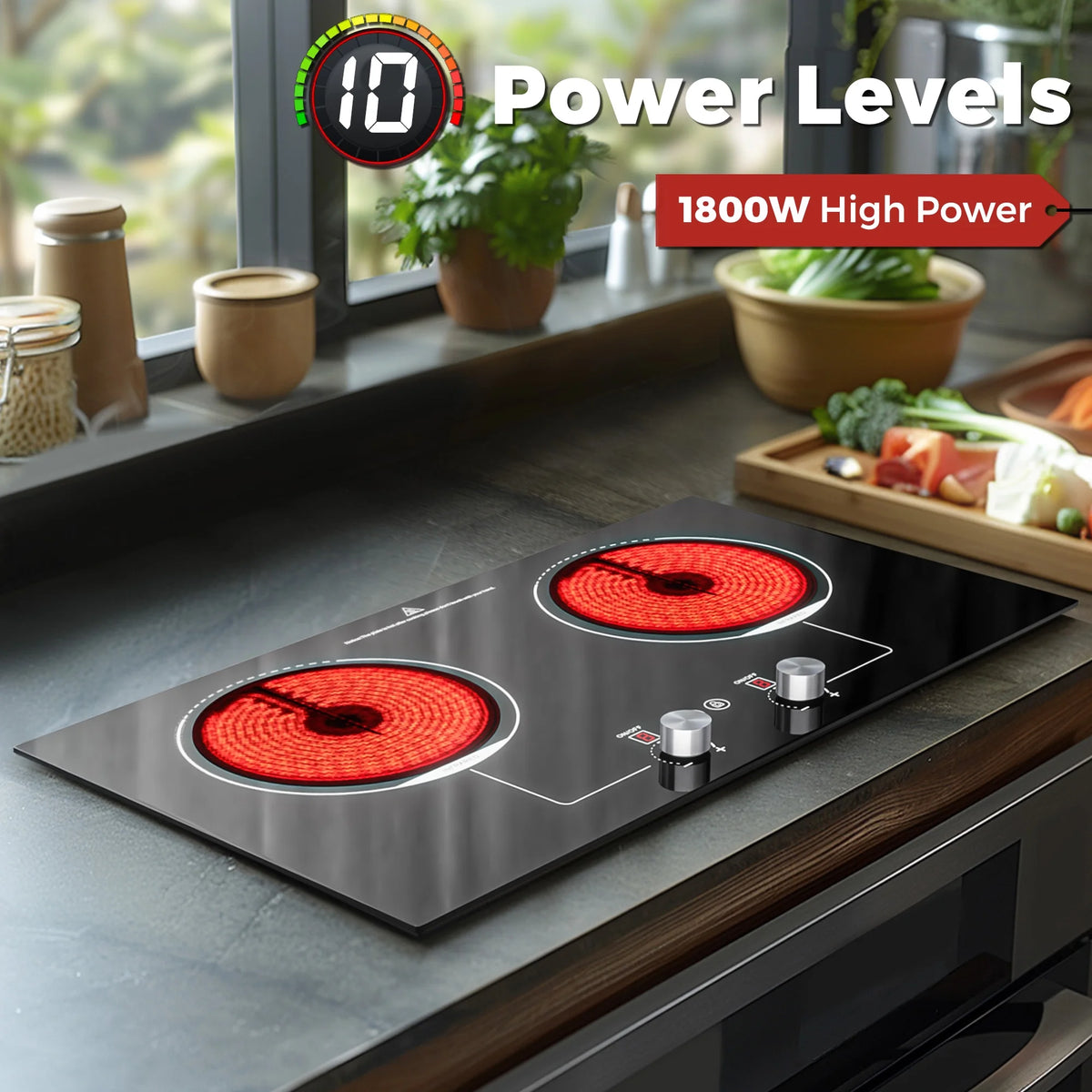 Advwin 2-Burner 1800W Electric Cooktop with Child Safety Lock, Timer & 10 Power Settings - 110V Countertop Stove
