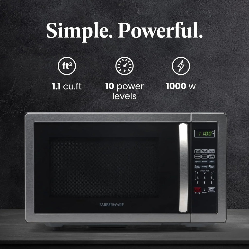 Farberware Stainless Steel Countertop Microwave Oven with Child Lock, 1.1 Cu Ft Black Stainless