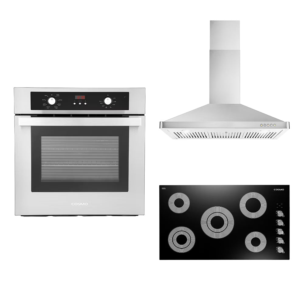 Cosmo 3 Piece Kitchen Appliance Package With 36" Electric Cooktop 36" Wall Mount Range Hood 24" Single Electric Wall Oven Kitchen Appliance Bundles