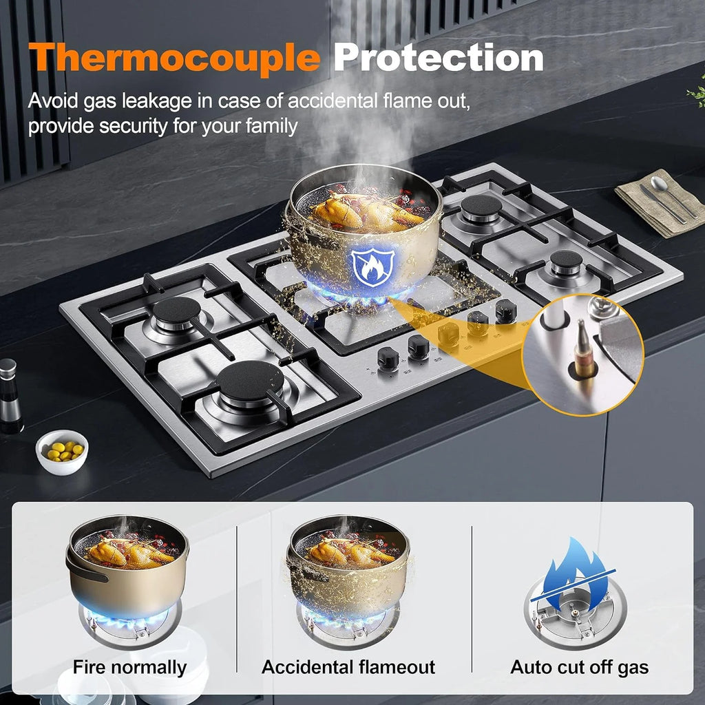 Amzgachfktch 36 Inch Gas Cooktop 5 Burner Built in Stainless with Thermocouple Protection, LPG/Natural Gas Convertible