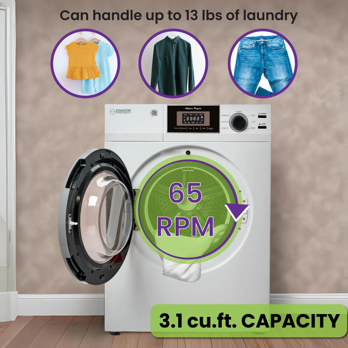 Equator Compact 24 in Vented Dryer 3.1cf/13lb SENSOR Sanitize Shoes 110V/1500W