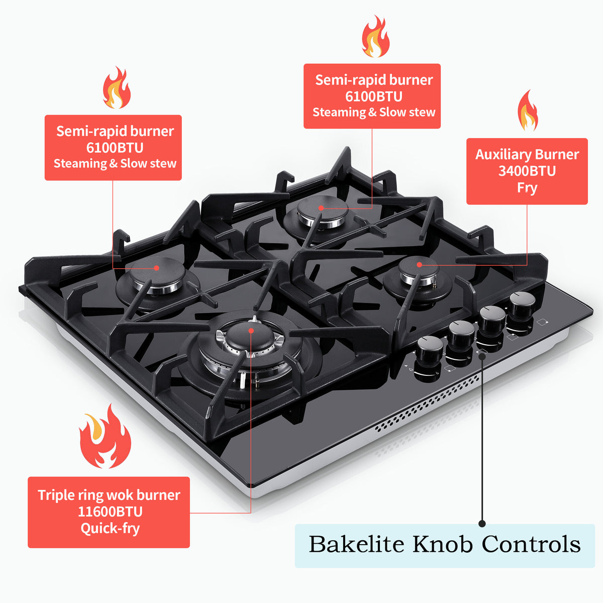 Eascookchef 4-Burners Gas Cooktop 24in Eascookchef Tempered Glass NG/LPG Convertible
