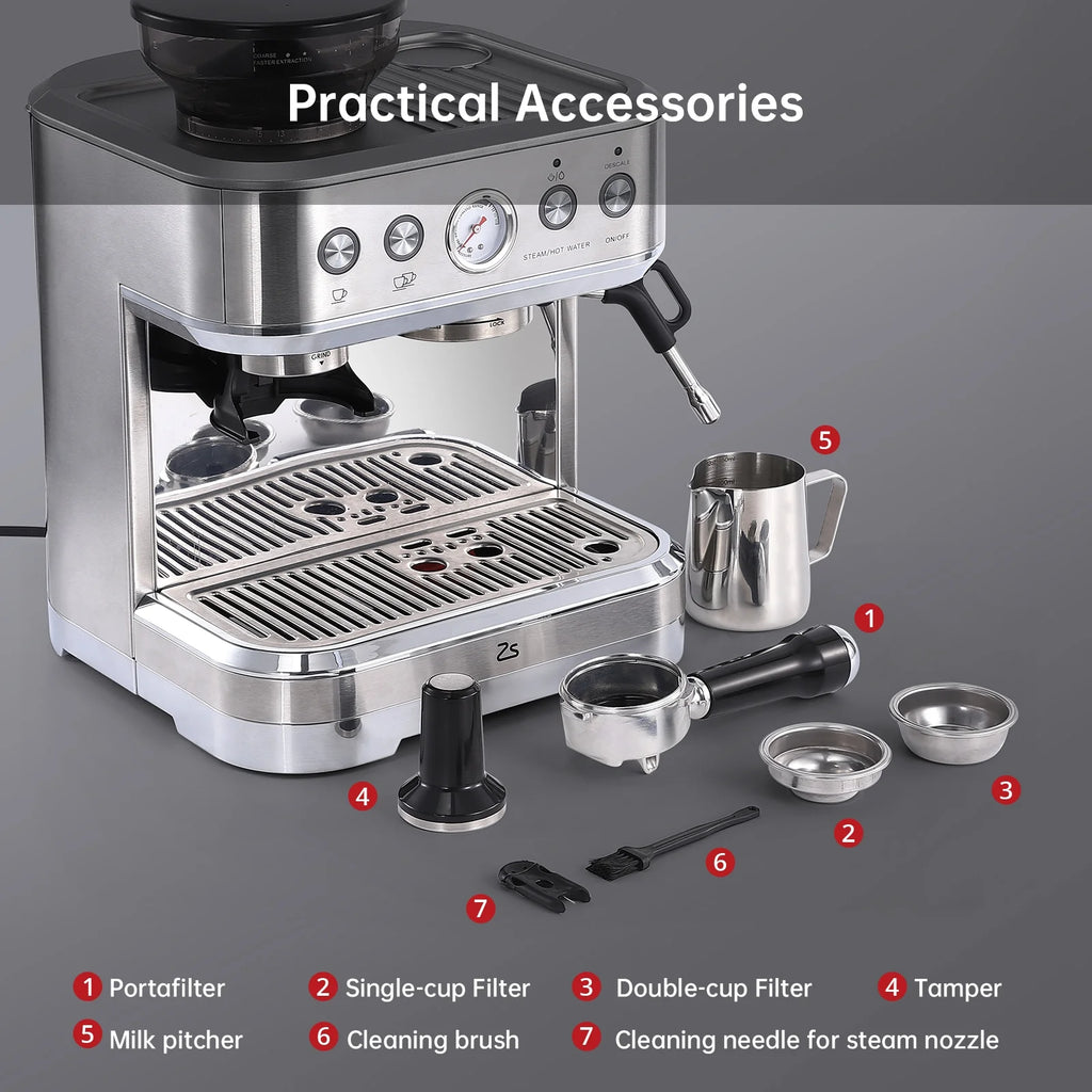 COZONY Espresso Machine 15 Bar, 2.5 L Water Tank, Semi Automatic Coffee Maker with Grinder, Milk Frother/Steam Wand, Italian Pump, All-in-One Espresso Machine, Stainless Steel, Silver