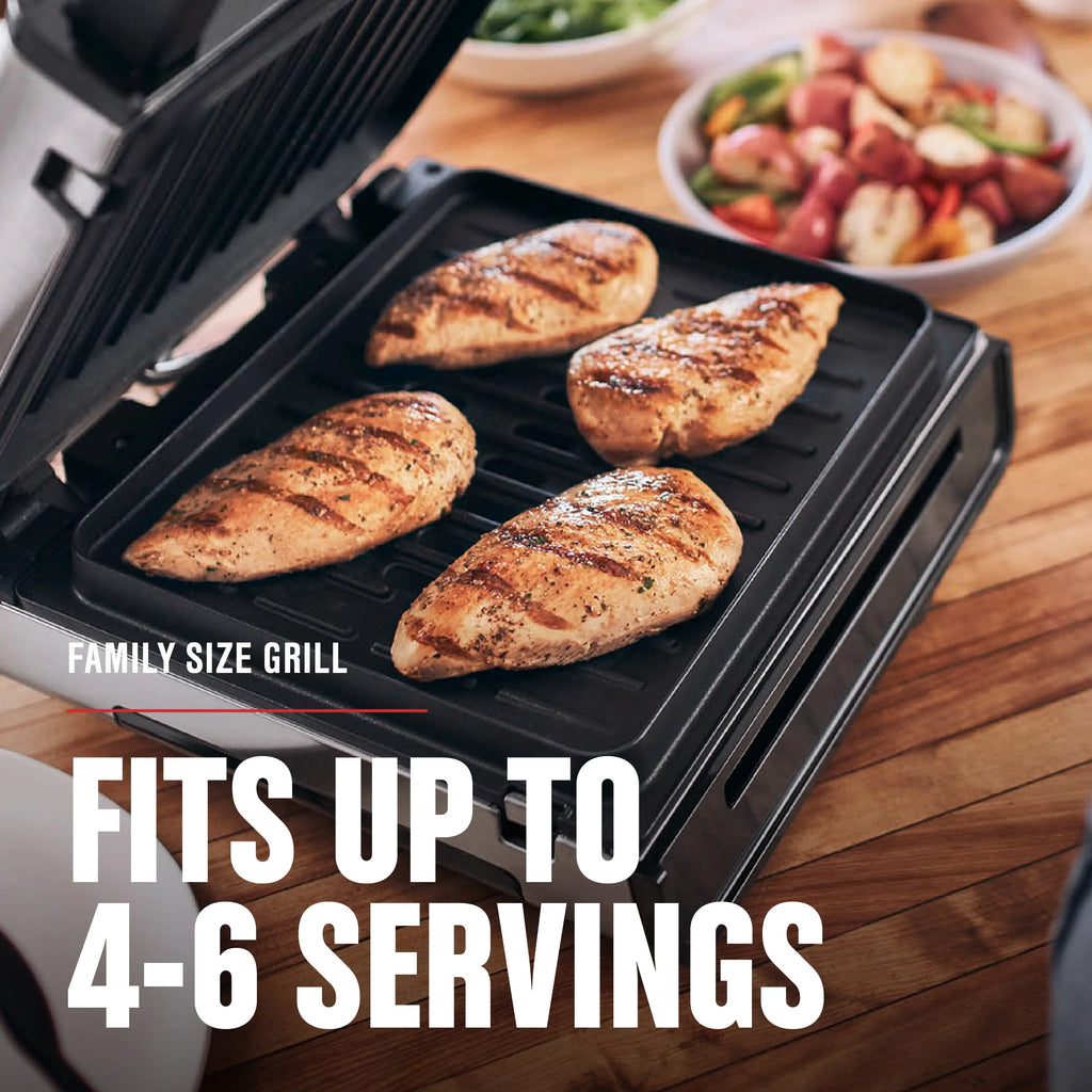 Open Box George Foreman 4�C6 Serving Electric Indoor Grill, Contact Smokeless Grilling with Removable Plates and Drip Tray, Stainless Steel Housing