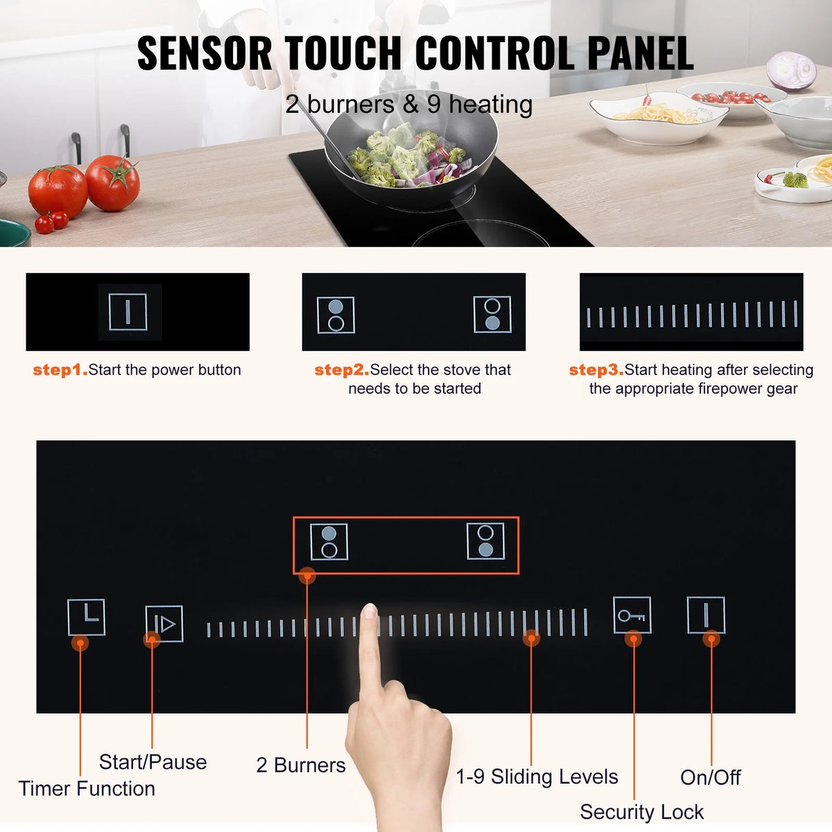 KFFKFF 2 Burner Electric Cooktop, 20 x 11.6 inches, 240V 3000W Glass Heat Plate with Touch-Sensitive Controls, Inbuilt Timer and Child Safety Feature, 9 Adjustable Heat Settings for Kitchen