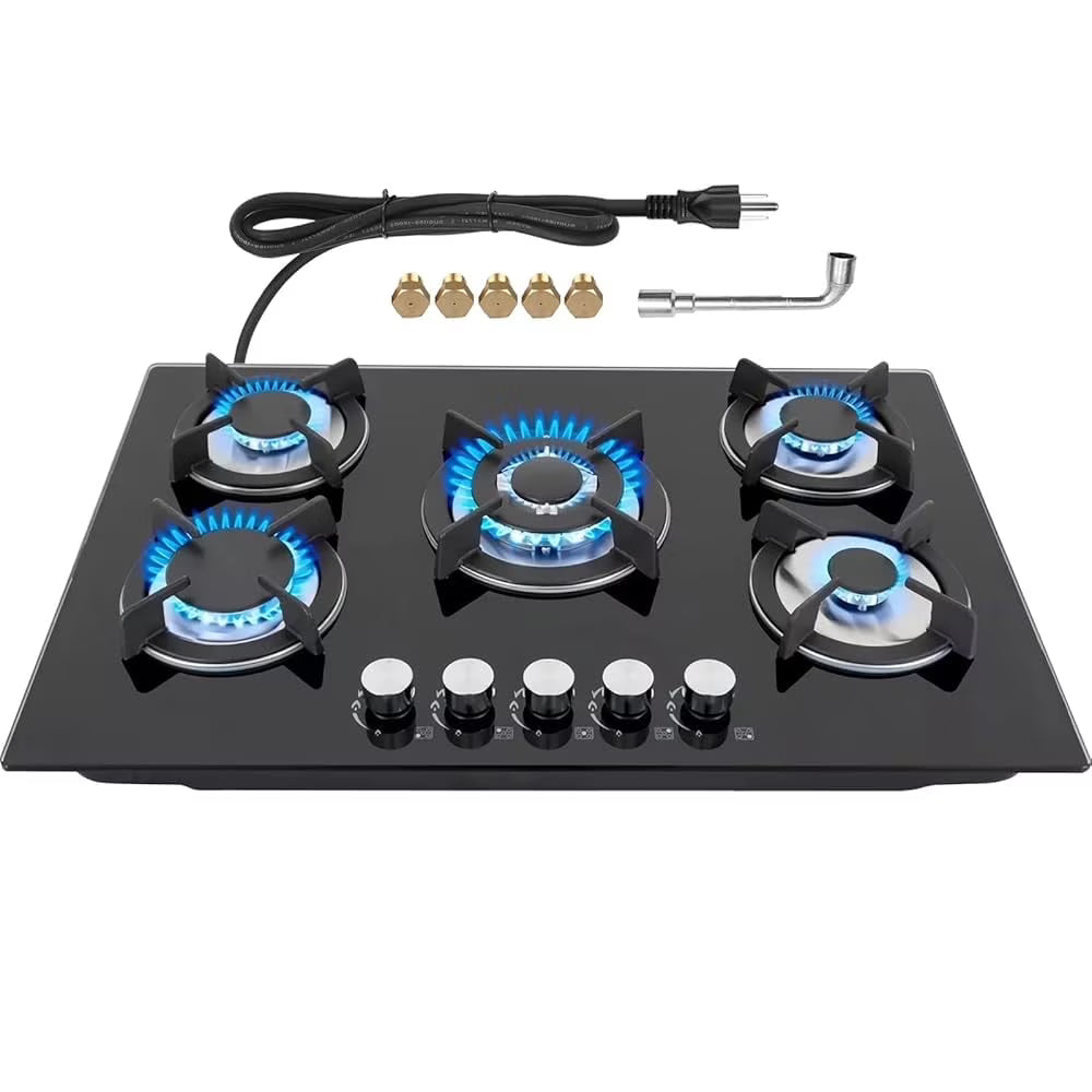 GRACEALL Gas Stove 30inch 5 Burners, Built-in Gas Stovetop with NG/LPG Conversion Kit, Glass Top Gas Burner (30in x 20.5in)