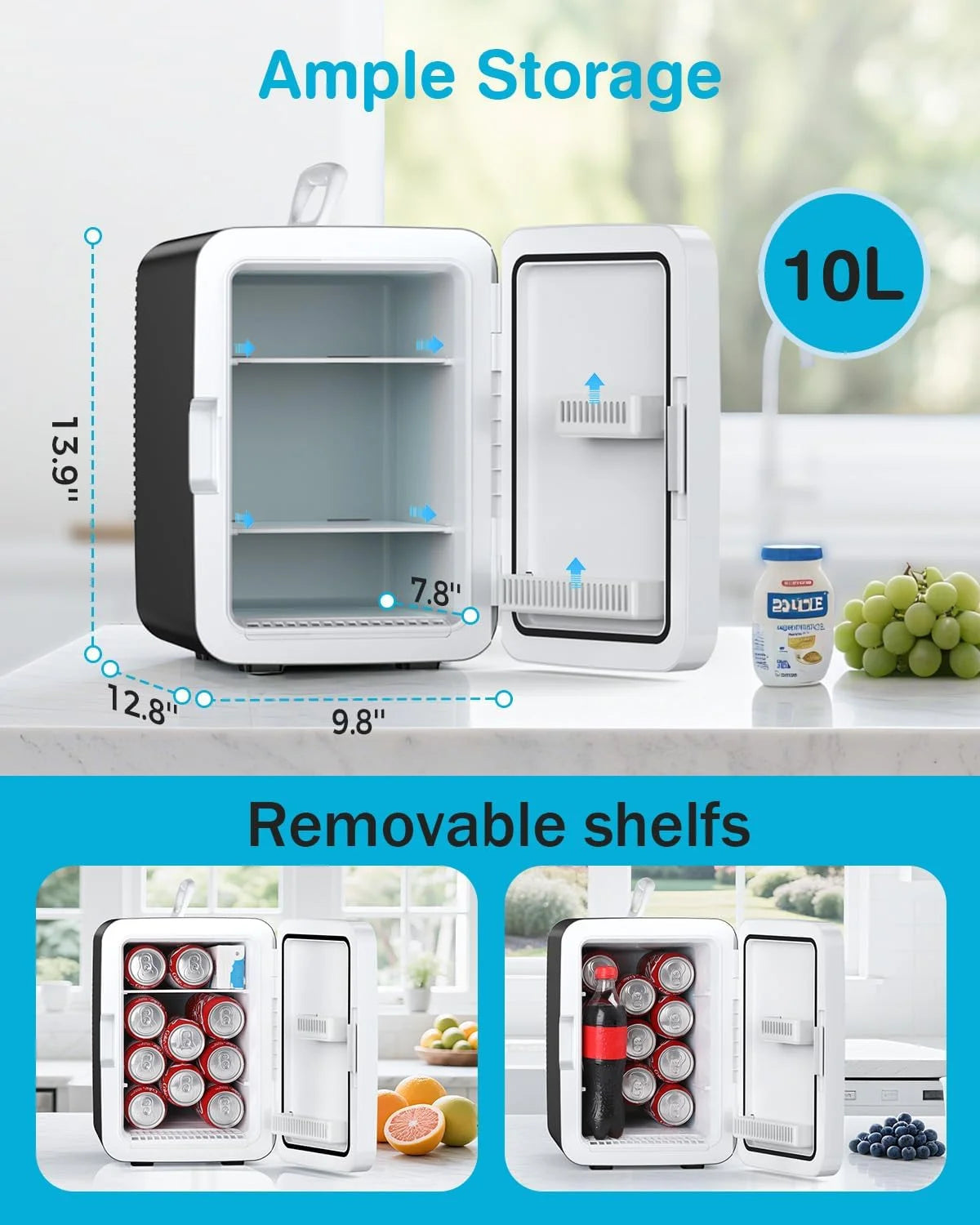 Compact Mini Fridge, 10L Portable Small Refrigerator, 2.6 Gal Mini Fridge with AC/DC Adapters, Small Cosmetics Cooler for Beverage, Food, Makeup, Bedroom, Office, Dorm,