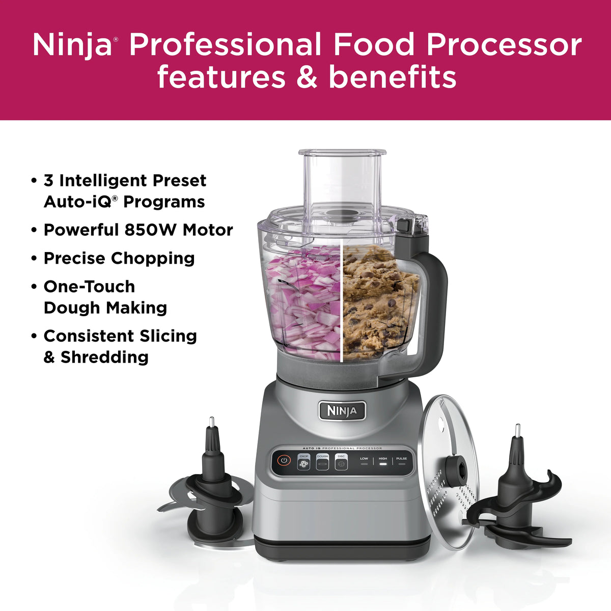 Restored Ninja® Professional Food Processor, 850 Watts, 9-Cup Capacity, Auto-iQ Preset Programs, BN600 (Refurbished)