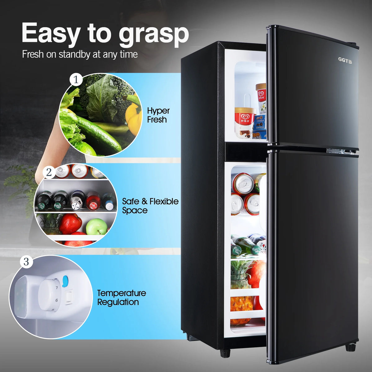 GGTB Retro Compact Two Door Refrigerator, Black, 3.0 Cu ft