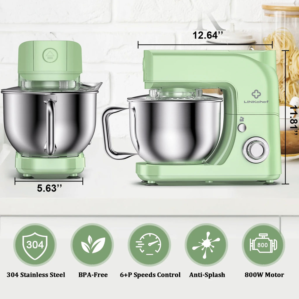 LINKChef Stand Mixer, 5.3QT 800W 6+P Speeds with Whisk, Dough Hook and Beater (White)