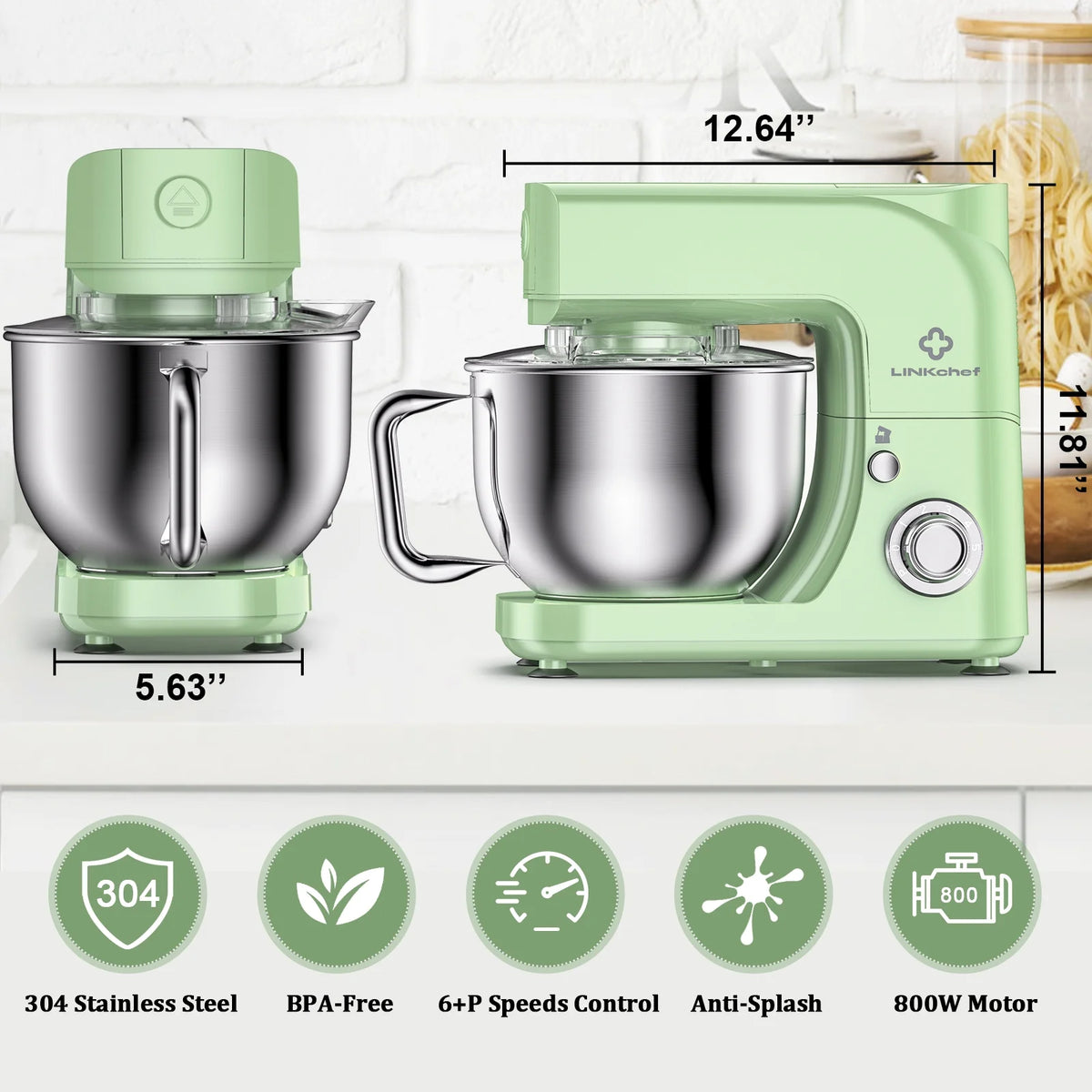 LINKChef Stand Mixer, 5.3QT 800W 6+P Speeds with Whisk, Dough Hook and Beater (White)