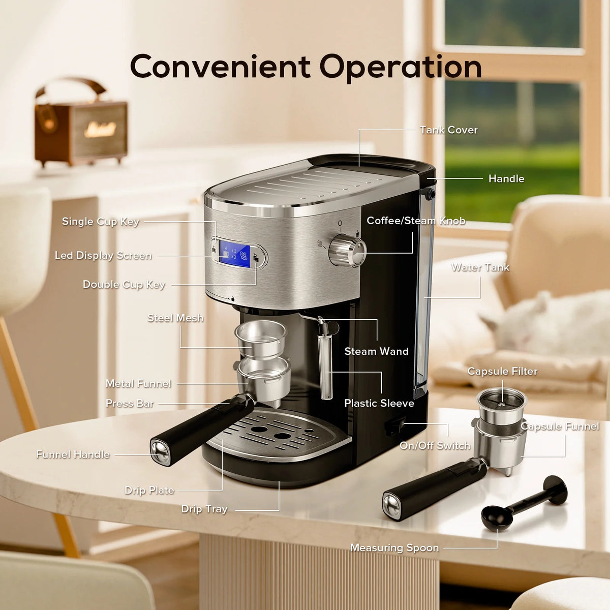 Electactic NEW Coffee Maker 2.0, with 20BAR Extraction, LED Display, 1.2L Water Tank, PCB Electronic Temperature Control, Steam Milk Frother, for Home, Office, Coffee Shop - Black