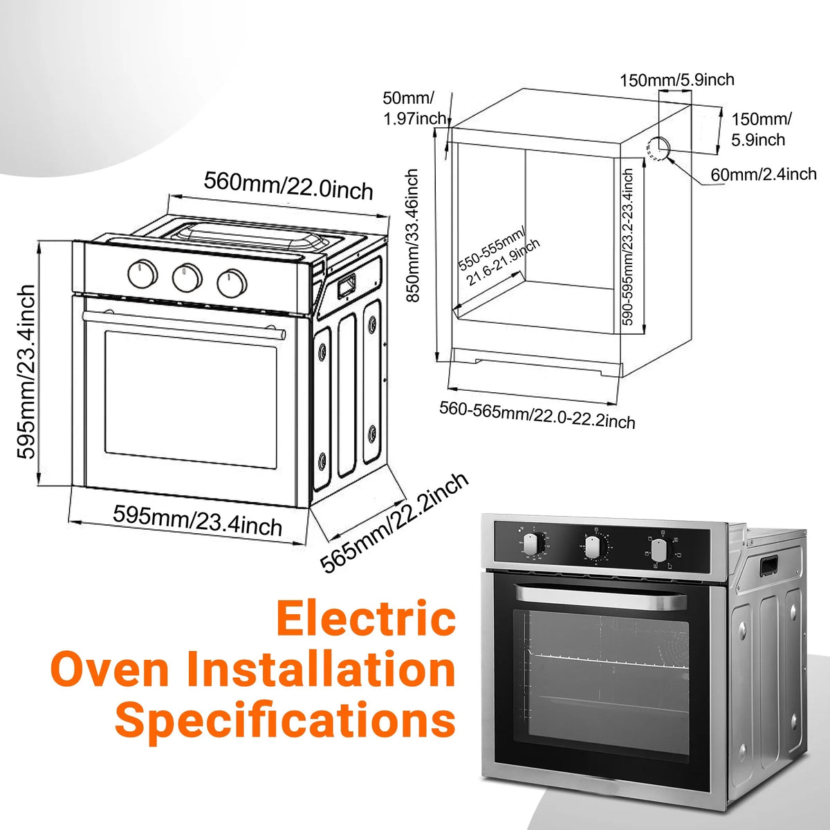 24" Single Wall Oven, Sunmaki 2.5 Cu. Ft. Built-in Electric Oven with 5 Cooking Functions, Mechanical Knobs Control