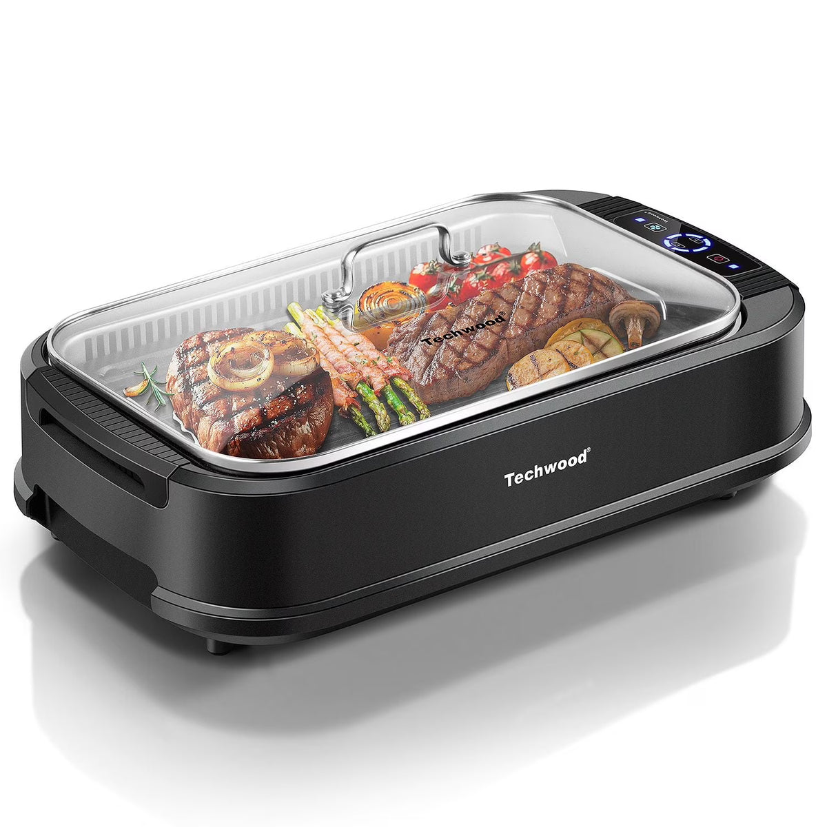 Techwood Indoor Smokeless Grill, 1500W, Black, Electric Portable Korean BBQ Grill with Tempered Glass Lid