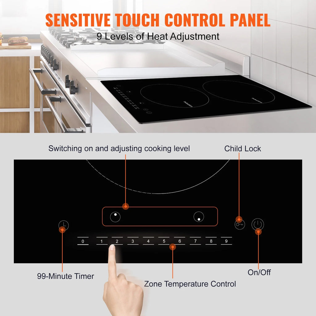 KFFKFF 12" Electric Cooktop, 1800W 2 Burners Ceramic Glass Stove Top Touch Control Built-in Magnetic Cooktop w/ 9 Heating Level Child Lock & Over-Temperature Protection