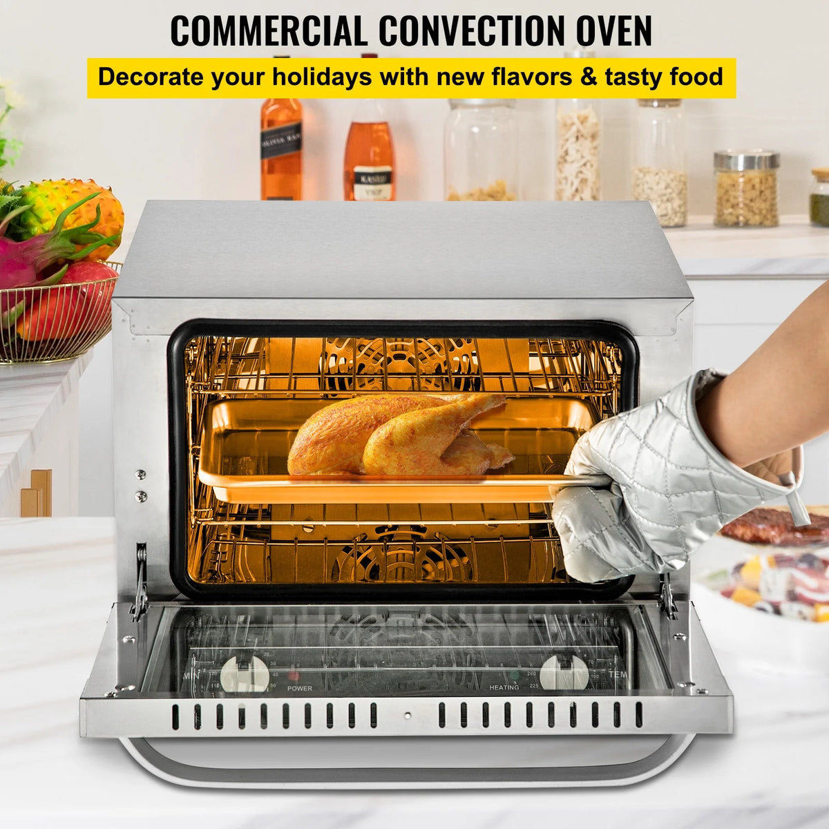 KFFKFF Commercial Convection Oven, 21L/19Qt, Quarter-Size Conventional Oven Countertop, 1440W 3-Tier Toaster w/ Front Glass Door, Electric Baking Oven w/ Trays Wire Racks Clip Gloves
