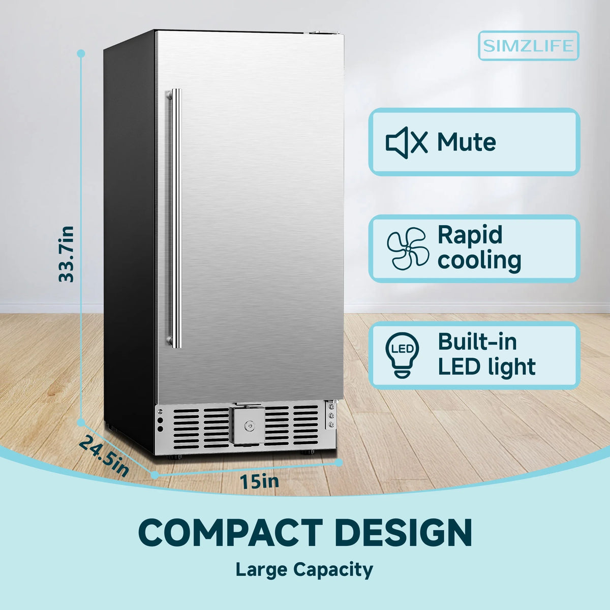 Simzlife 15 in. Single Zone 130-Cans Built-in Beverage Refrigerator Cooler Fridge in Silver Stainless Steel, with Auto LED Lights