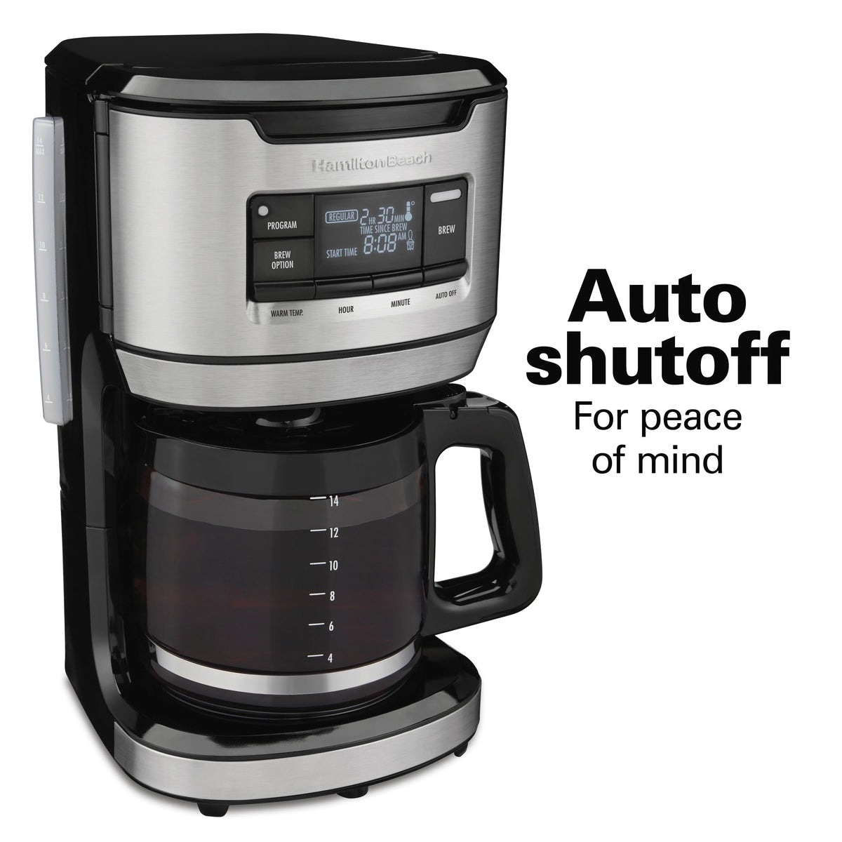 Hamilton Beach Front Fill 14-Cup Programmable Drip Coffee Maker Machine with Glass Coffee Pot, Cafetera, Black