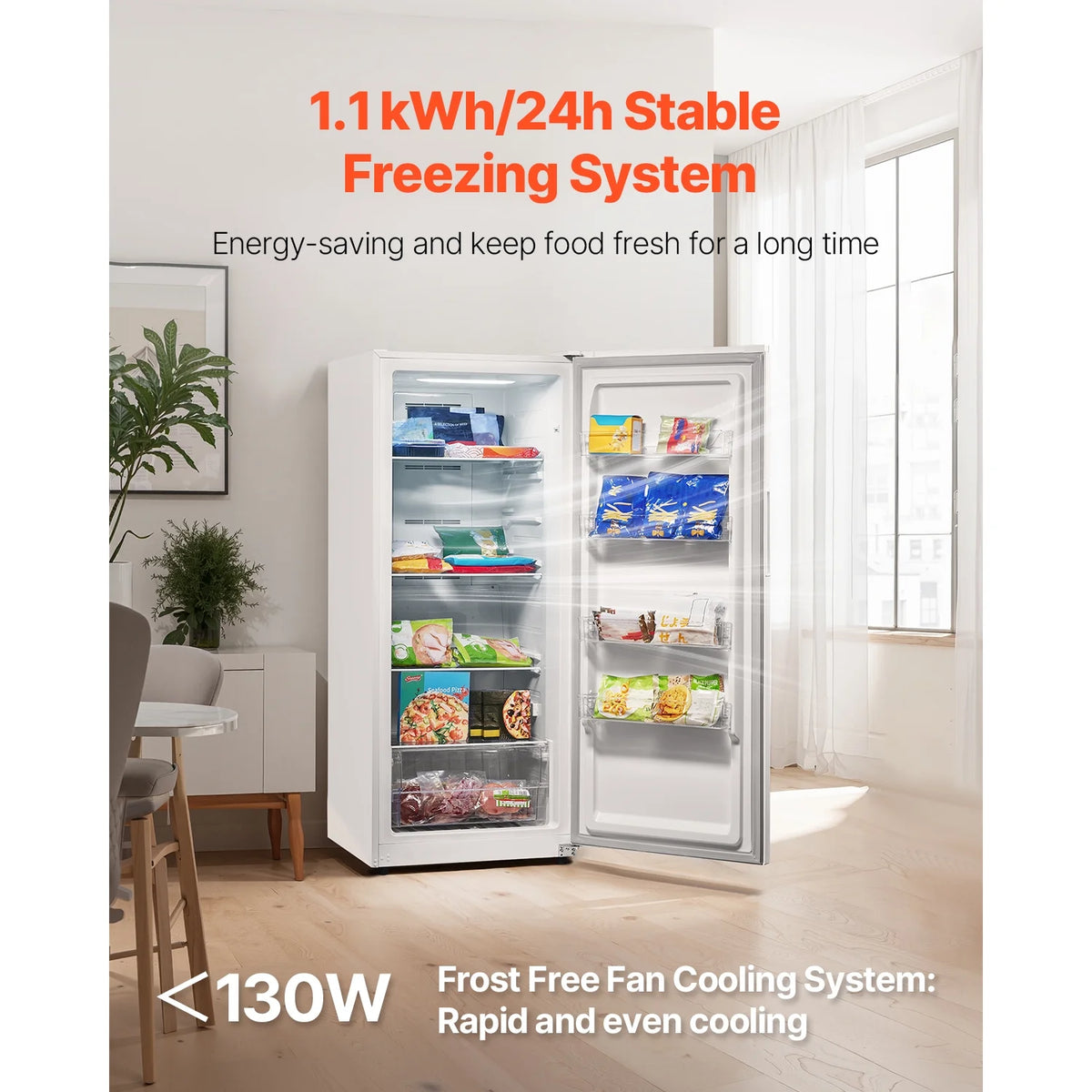 KFFKFF Convertible Upright Freezer/Refrigerator, 14 Cu.Ft Frost-Free Unit with Temperature Control, Door Alarm, Adjustable Shelves, and LED Lighting for Kitchen, Office, or Garage Use