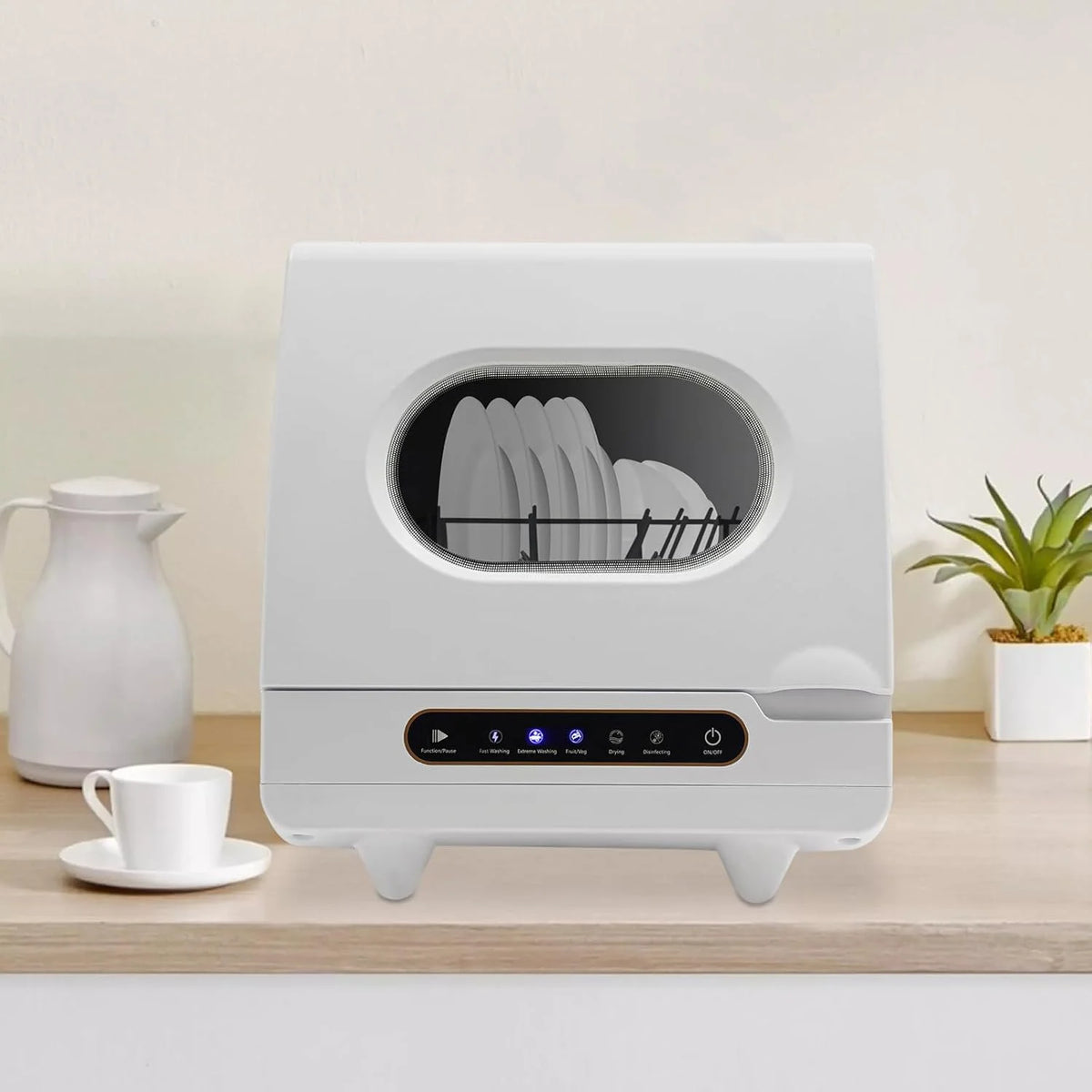 Portable Countertop Dishwasher, 1200W Mini Dishwasher with 12 Water Outlets and 360° Spraying Cleaning, White Fully Automatic Dishwashing Machine for Homes, Dormitories, Recreational Vehicle