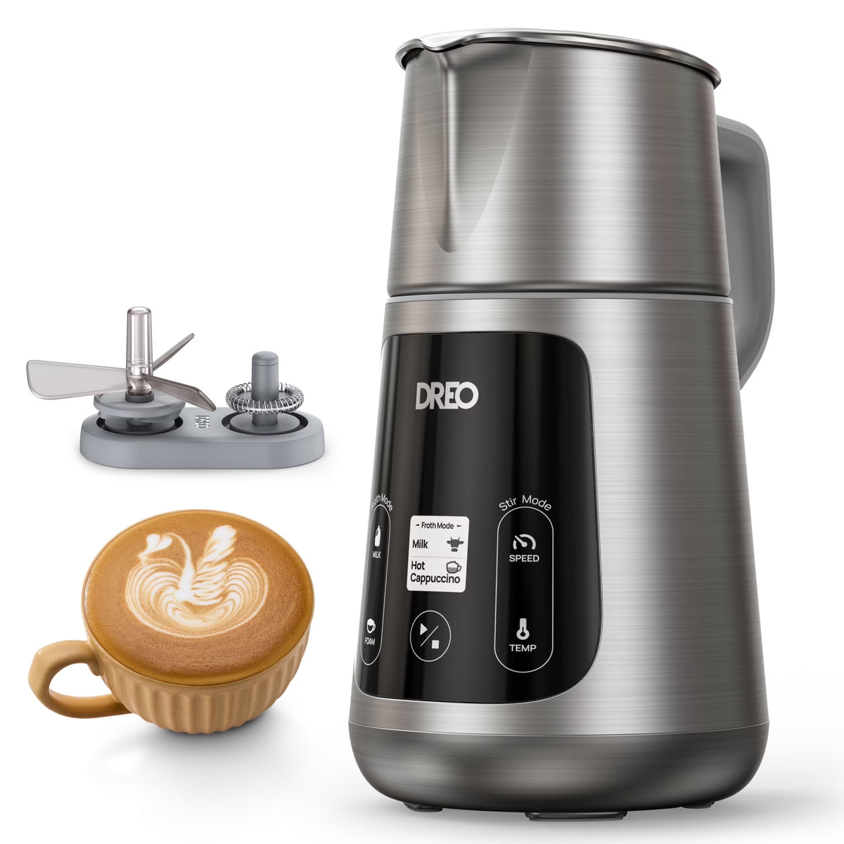 Dreo All-in-1 BaristaMaker Milk Frother, Electric Foam Frother for Latte Art Microfoam and Coffee, 15oz/450ml Automatic Milk Warmer with 30 Drinks, Dishwasher Safe, Dairy/Plant-Based Milk