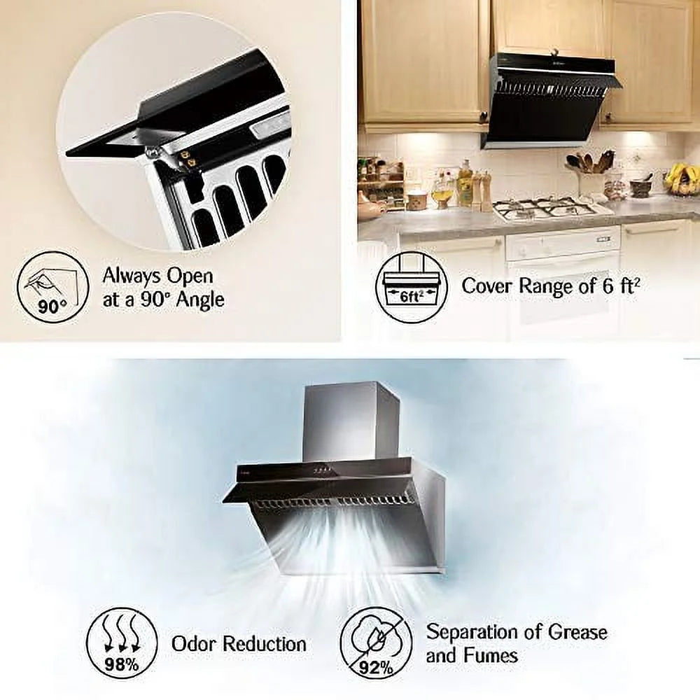 FOTILE Slant Vent Series 30" 850 CFM Under Cabinet or Wall Mount Range Hood with 2 LED lights and Push Buttons in Onyx Black Tempered Glass