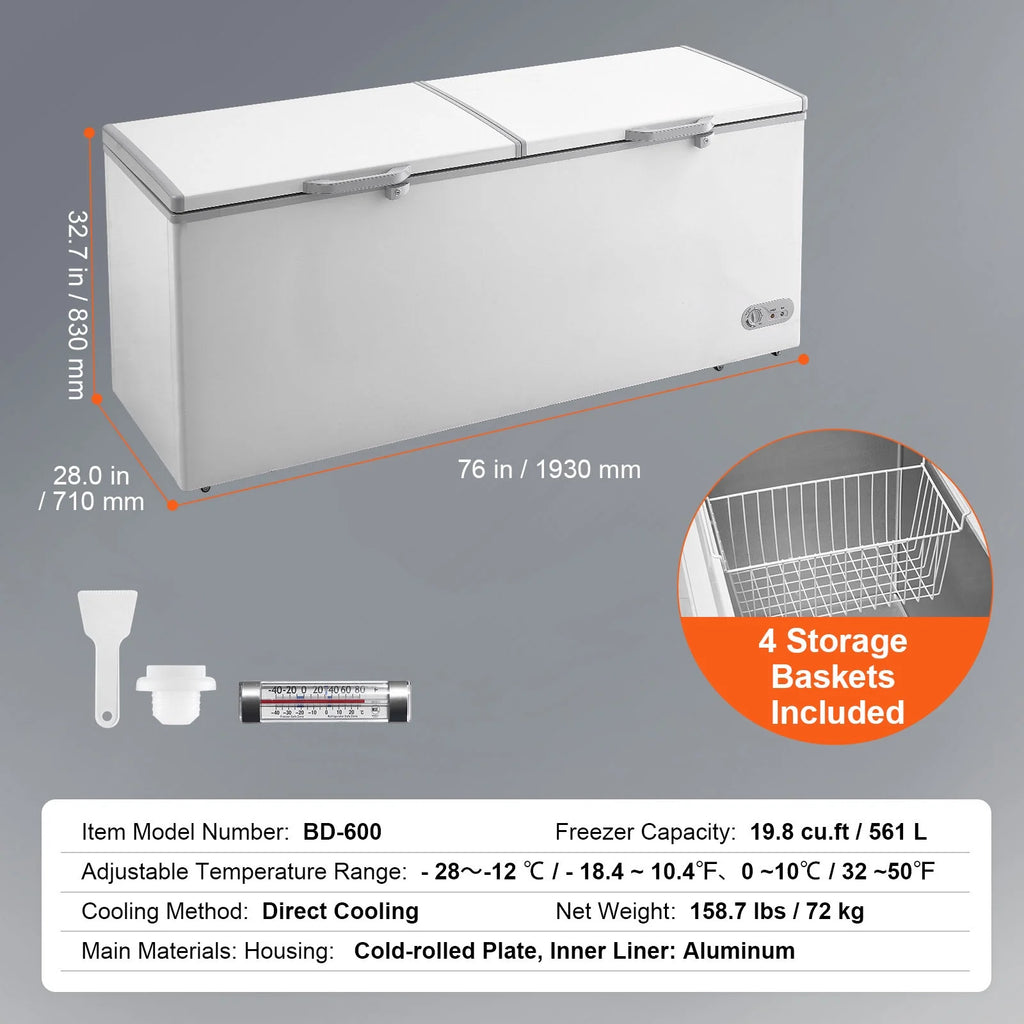 KFFKFF 19.8 Cu.ft / 561 L Small Top-Open Chest Freezer 4 Detachable Baskets, 7-Speed?Temperature Control Removable Storage Basket, Freestanding 6 Wheels
