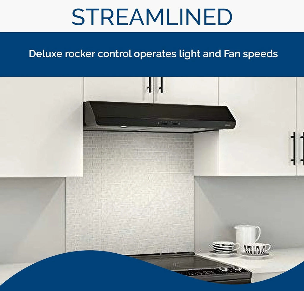 Broan-NuTone BKSH130BL Sahale 30-inch Under-Cabinet Easy Install 4-Way Convertible Range Hood with 2-Speed Exhaust Fan and Light, 300 Max Blower CFM, Black