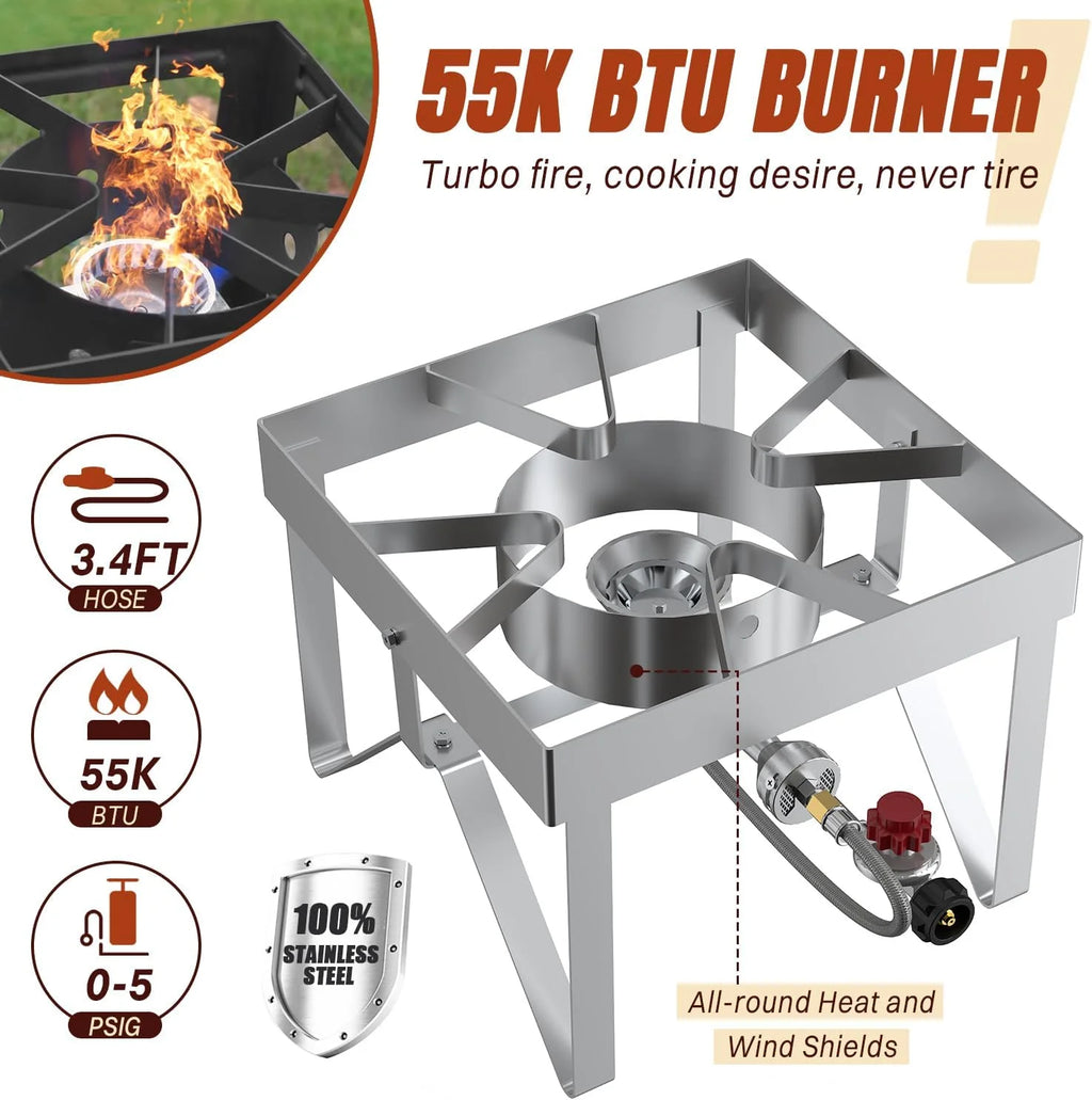 30QT Stainless Steel Turkey Fryer Kit, Stainless Steel Stand with 55,000BTU Propane Burner Stove, Waterproof Cover & Skimmer, Turkey Deep Fryer Pot, Outdoor Fish Fryer, Crawfish Boiler