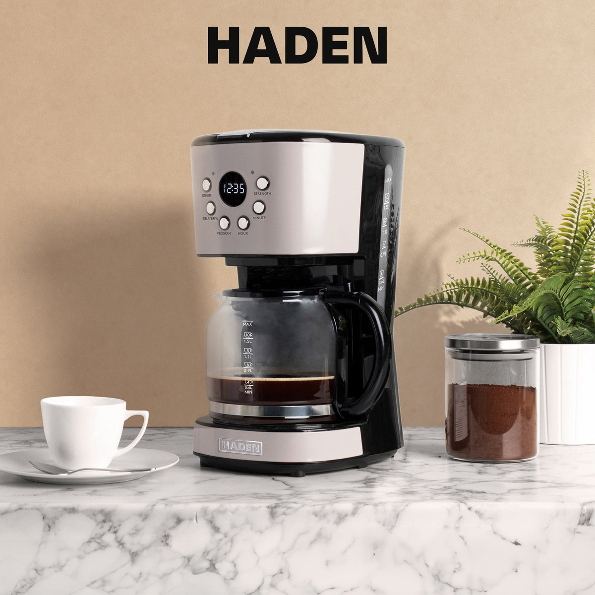 Open Box Haden Coffee Machine 12 Cup Programmable Drip CoffeeMaker Putty/Chrome