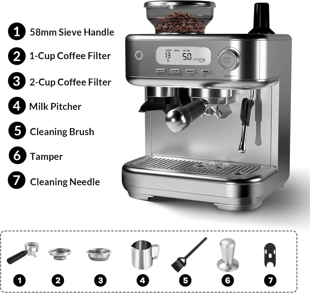 Espresso Machine with Grinder, Professional Coffee and Espresso Maker Combo, Stainless Steel Cafe Espresso Machine with Steam Wand Barista Kit for Cappuccino Latte
