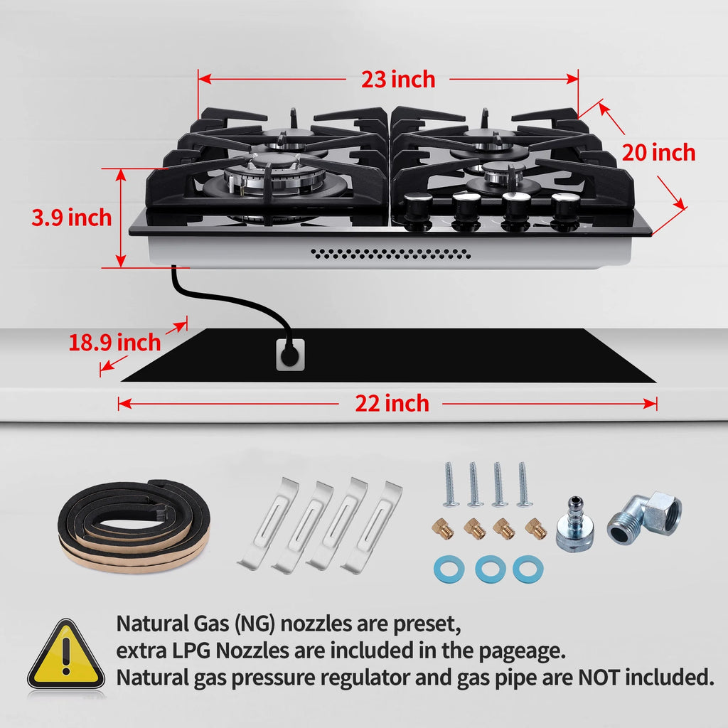 Eascookchef 4-Burners Gas Cooktop 24in Eascookchef Tempered Glass NG/LPG Convertible