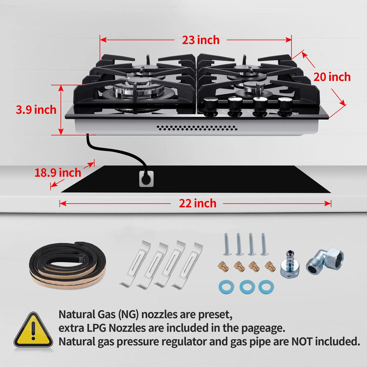 Eascookchef 4-Burners Gas Cooktop 24in Eascookchef Tempered Glass NG/LPG Convertible