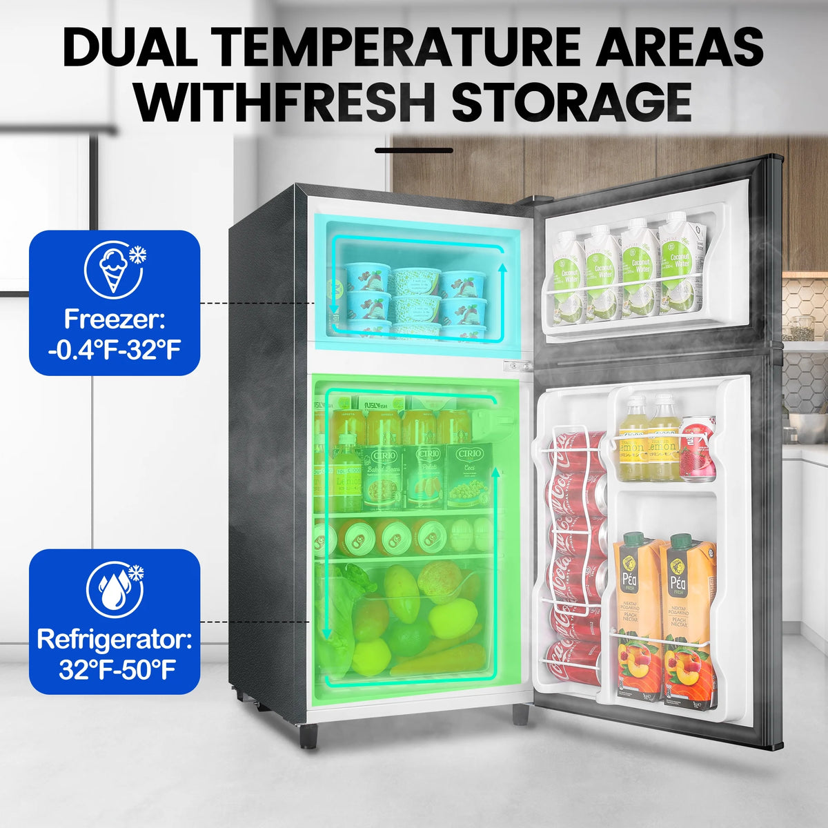 WANAI 3.5 Cu ft Two Door Mini Fridge with Freezer,Apartment Size Refrigerator,Dark Grey,New