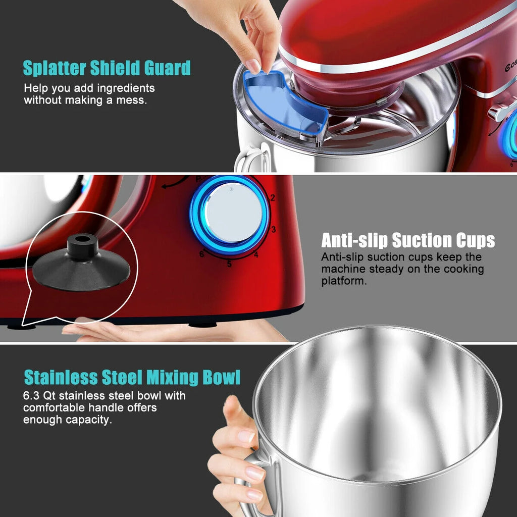 Costway 6.3 QT Tilt-Head Food Stand Mixer 6 Speed 660W wIth Dough Hook, Whisk & Beater Black