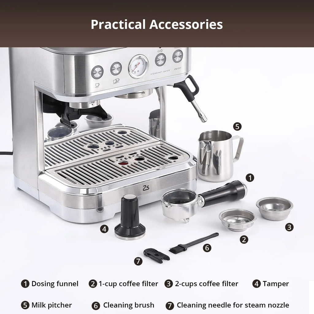 Towallmark All-In-One Espresso Machine with Milk Frother & Grinder - 15 Bar Automatic Coffee Maker with Italian ULKA Pump, 2.5L Water Tank, Brushed Stainless Steel for Home and Office