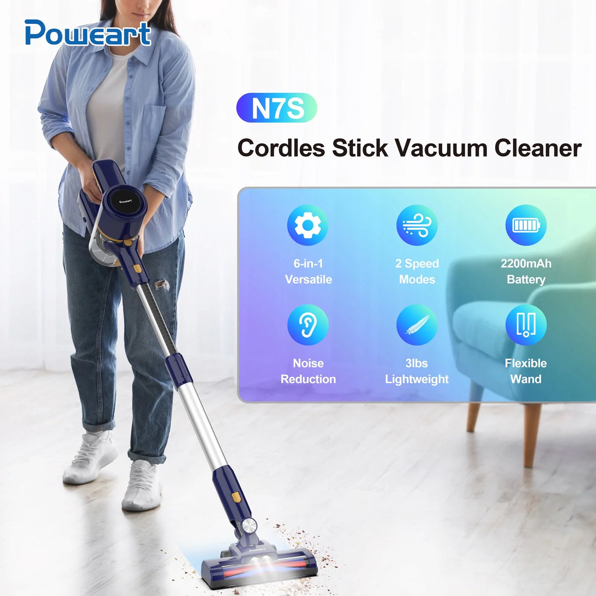 POWEART Lightweight Cordless Vacuum Cleaner 30kPa 55min Runtime, Cordless handheld Vacuum Cleaner for Carpet Floor,Hard Floor and Pet Hair