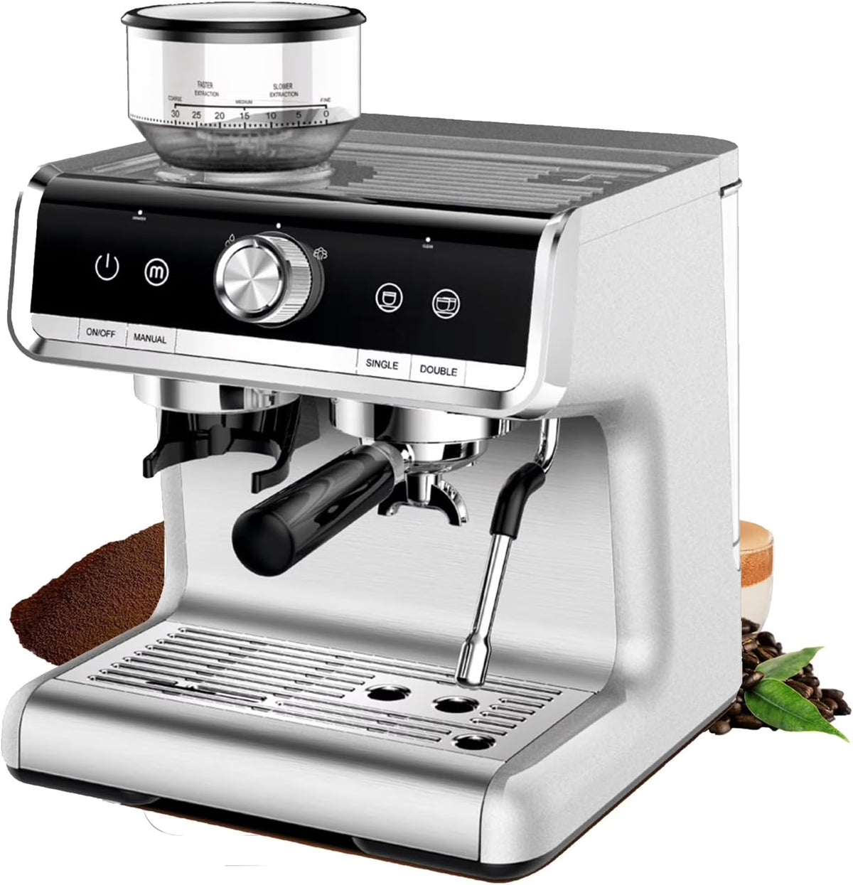 COZONY Espresso Machine 15 Bar, 2.5 L Water Tank, Semi Automatic Coffee Maker with Grinder, Milk Frother/Steam Wand, Italian Pump, All-in-One Espresso Machine, Stainless Steel, Silver