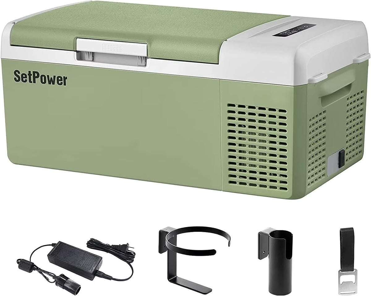 Setpower FC15 12V Portable Refrigerator with AC Adapter, 15.8 Quart Car Freezer Fridge for Camping, Fast Cooling, -4a??-68a??, 3-Year Warranty, Car, RV, Truck, Home and Outdoor Use, DC & AC, Green