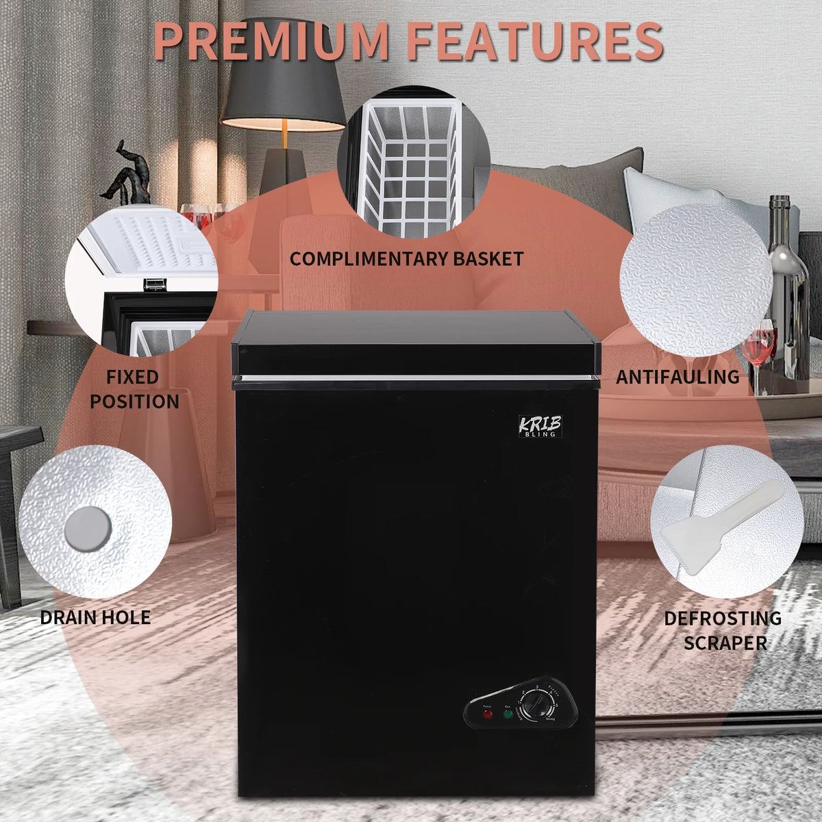 Krib B 3.5 Cu.Ft Chest Freezer with 7 Gears Temperature Adjustment, Deep Compact Freezer with a Removable Basket, Suitable for Kitchen, Garage, Basement, Black