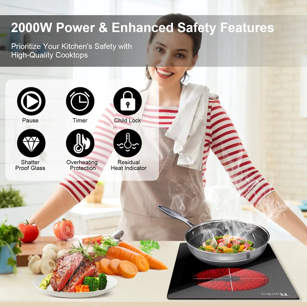 Double Burner Electric Cooktop Hot Plates for Cooking, 110V Plug in Portable Electric Stove Top, 12 Inch Countertop & Built -in Radiant Ceramic Glass Cooktop with Slide Control, 2000W