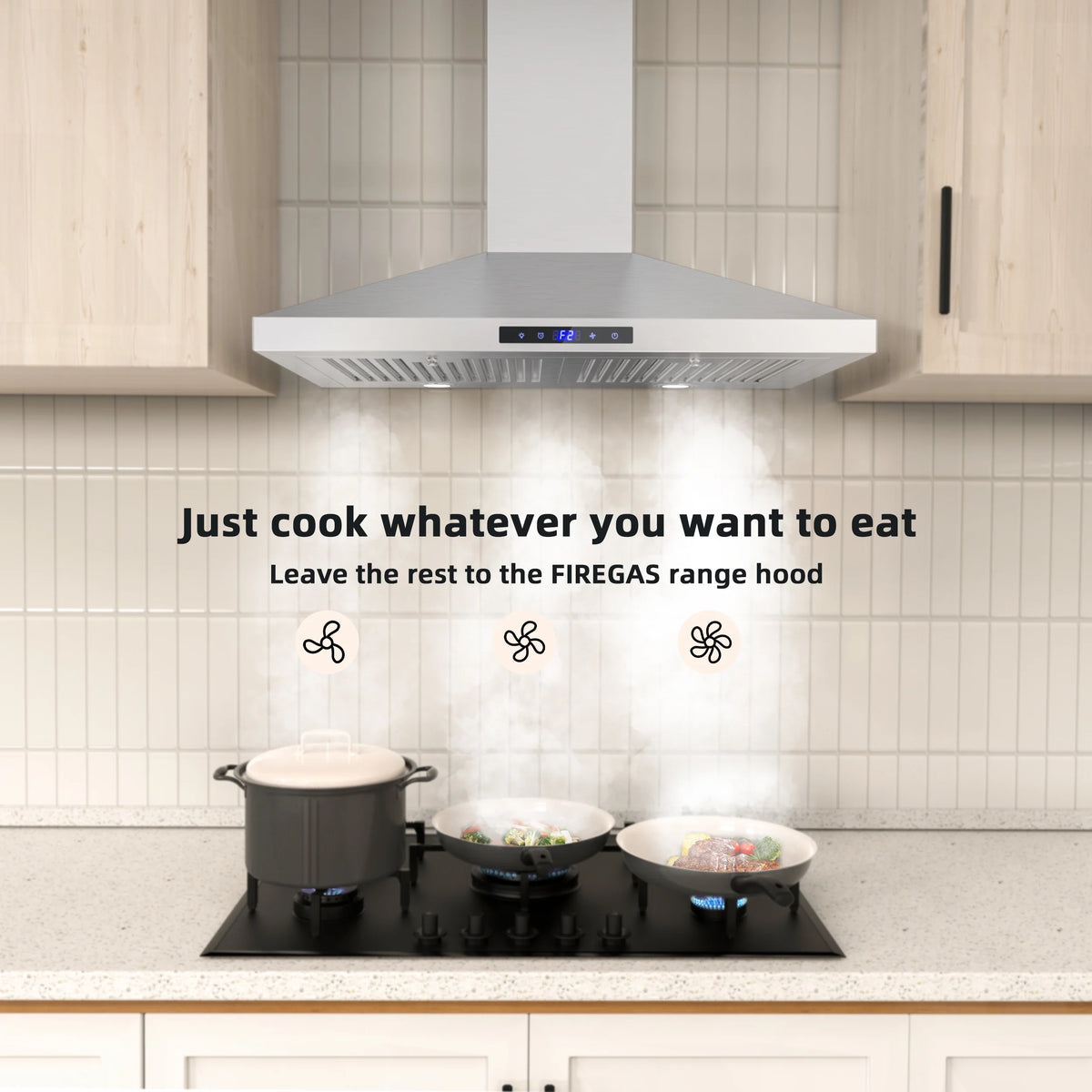 FIREGAS Range Hood 30 Inch, Stainless Steel Wall Mount Kitchen Hood with 3 Speed Exhaust Fan, Ducted/Ductless Convertible, Touch Control, Stove Vent Hood with 5-Layer Aluminium and Charcoal Filters