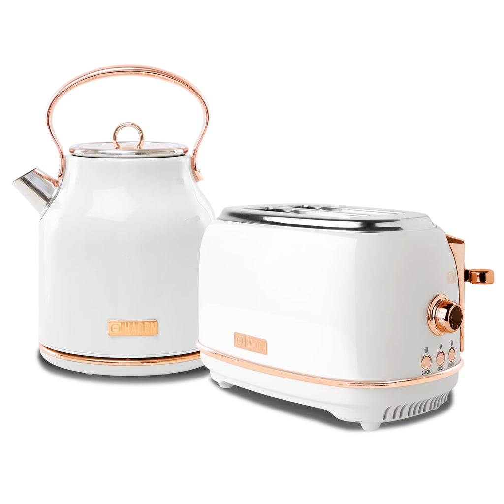Haden Heritage 1.7 Liter Electric Kettle with 2 Slice Bread Toaster, White