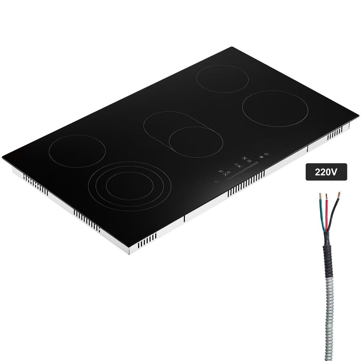 KFFKFF 5 Burner Electric Ceramic Cooktop, Built-in Countertop Burners, 36" Electric Range, 8600W, with Touch Control, Timer, Safety Lock, 9 Power Levels, 220-240V, Direct Wiring Required