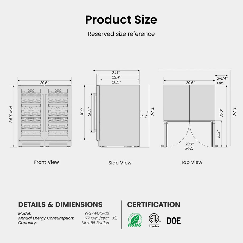 Yeego 30" Wine and Beverage Refrigerator,Two 15" Wine and Beverage Cooler Under Counter or Freestanding, Hold 33 Bottles and 80 Cans(Two Pack)