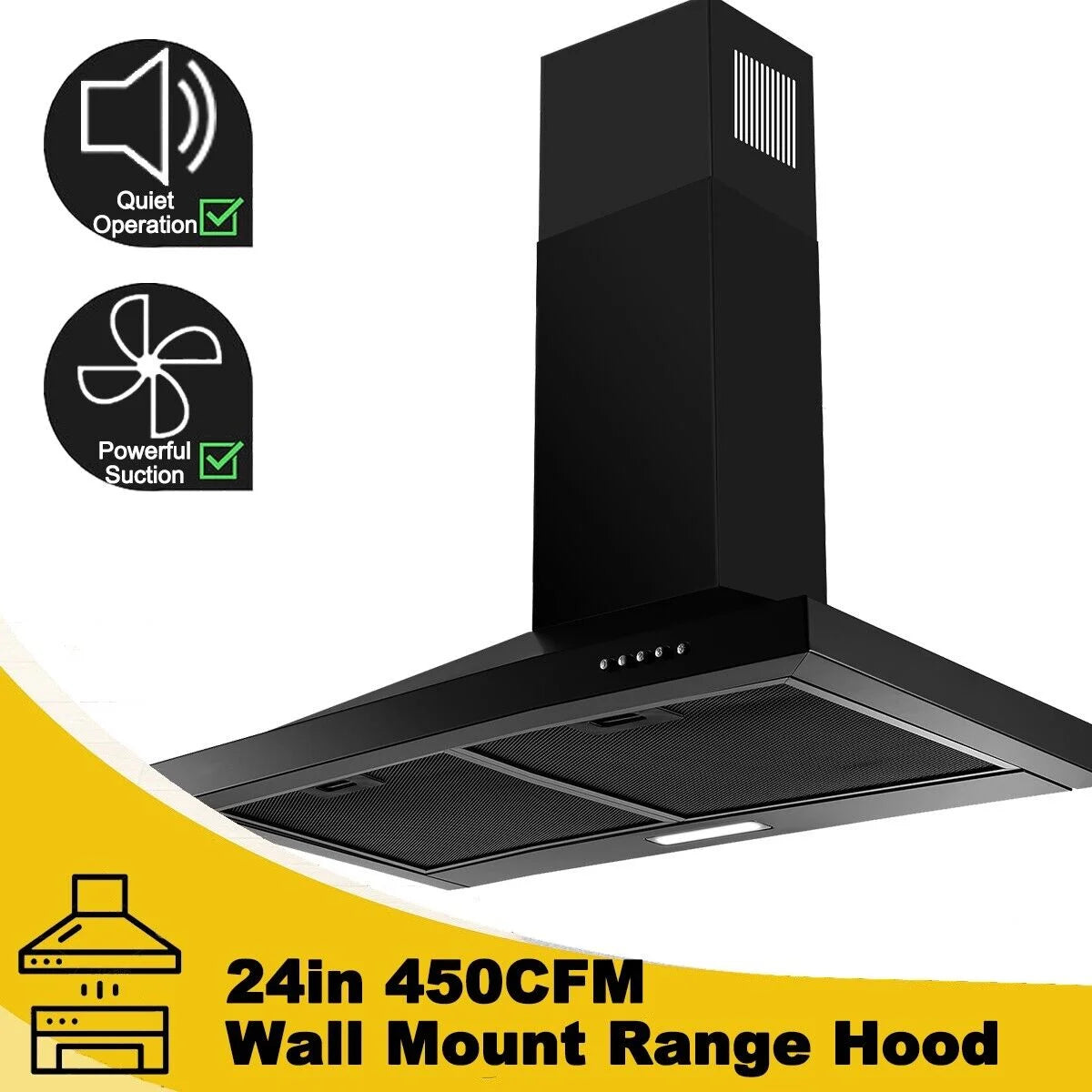 24 inch Wall Mounted Range Hood Kitchen Exhaust Stove Vent Hood 450 CFM 3-Speed Fan